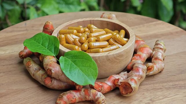 Turmeric curcumin capsules with rhizome (root).