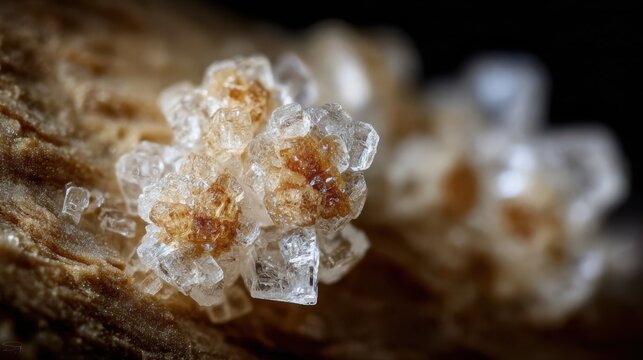 Intricate sugar crystals form sparkling, translucent structures with brown centers, showcasing delicate natural patterns in extreme macro photography.