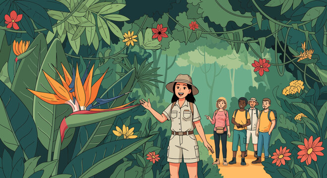 Young female explorer leading a diverse group on an adventure.