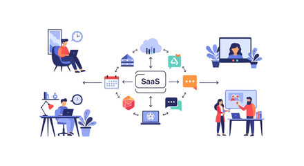 Obraz premium SaaS Ecosystem: Cloud Software for Remote Work, Digital Collaboration & Business Productivity Solutions