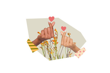 Naklejka na ściany i meble Composite photo collage of hands show gesture love kpop korean heart fingers people non verbal spring flowers isolated on painted background