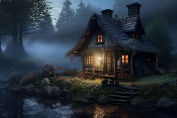 Warm lights illuminating a charming wooden cabin nestled beside a tranquil lake in a misty forest, creating a serene and magical atmosphere