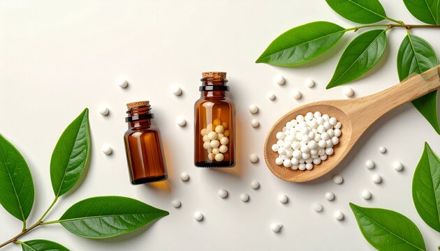 World Homeopathy Day banner background featuring natural homeopathic remedies and botanical elements. Clean and calming composition representing holistic health, alternative medicine, wellness
