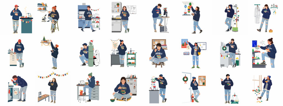 University students in casual attire enjoy quick meals like ramen across various campus settings, including labs and dorms, amidst festive holiday decorations, embodying a cozy academic season.