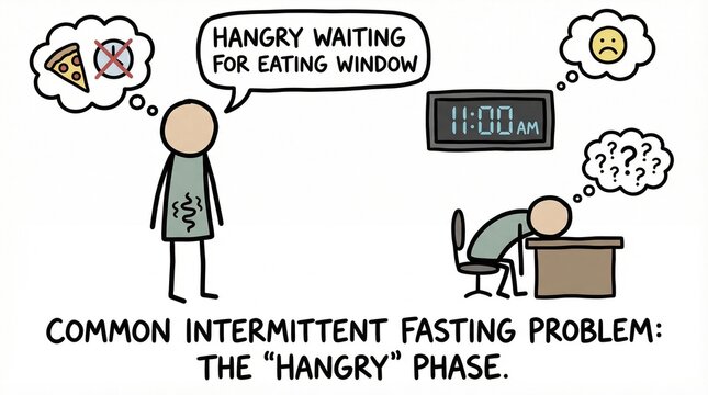 Person experiencing hunger pangs while waiting for eating window during intermittent fasting at desk