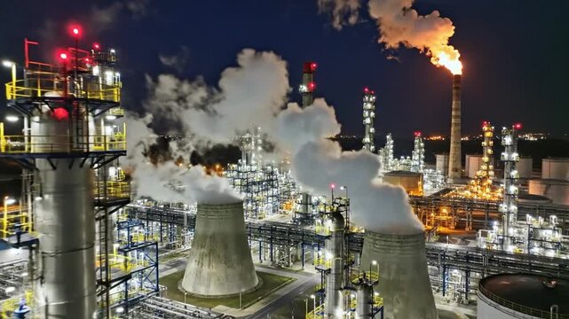 Large industrial complex with illuminated structures and smoking chimneys operating at night