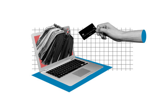 Composite photo collage of hands hold credit card nfc shopping payment laptop hanger clothes order sale isolated on painted background