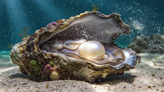 Stunning underwater view of an oyster with a lustrous pearl inside the shell.