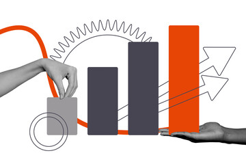 Composite trend artwork sketch image collage of cogwheel teamwork hands hold platform graphics stats arrow way direction growth success © deagreez