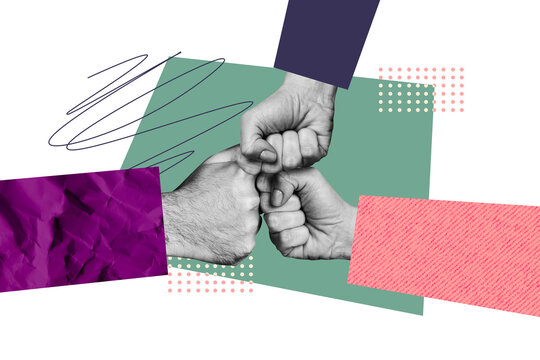 Composite photo collage of people three hands fist kick together bump boom collaboration worker partnership isolated on painted background