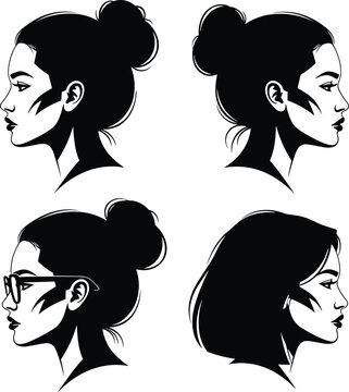 Set of woman profile silhouettes with messy bun hairstyle and glasses, cad drawing flat vector illustration for beauty fashion logo