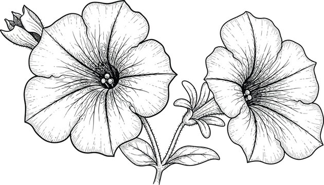 A beautiful black and white illustration of petunias in full bloom