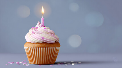 Delicious cupcake with pink cream and a lit candle on top, festive bokeh background. Perfect for birthday, celebration, or party designs.
