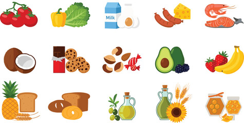 Fototapeta premium Healthy Food Ingredients Set with Fruits, Vegetables, Dairy, Meat, Fish, Nuts, Bread, Oils and Natural Organic Products Vector Illustration