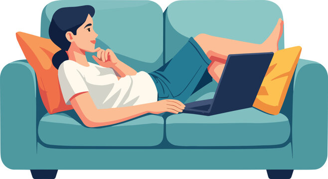 donna sdraiata sopra il divano mentre studia o legge al computer o lavora a smart in casa relax vettoriale 