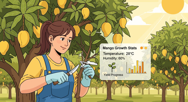 Woman Farmer Tending to Mango Trees with Growth Data Display.