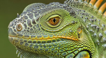 Fototapeta premium Close-up of a Vibrant Green Iguana Showcasing Intricate Scales and a Striking Golden Eye