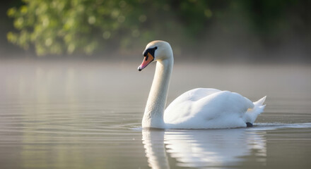 Fototapeta premium Majestic White Swan Gracefully Gliding Across a Misty Lake at Dawn, Showcasing Its Elegant Neck and Serene Demeanor