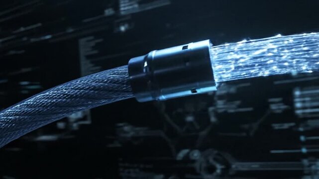 Fiber optic cable transmitting glowing data particles at high speed through a digital network