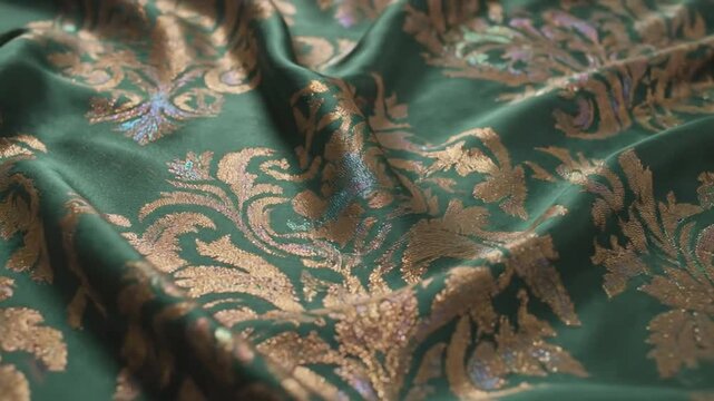 Elegant green fabric with intricate golden damask patterns creating a luxurious background texture