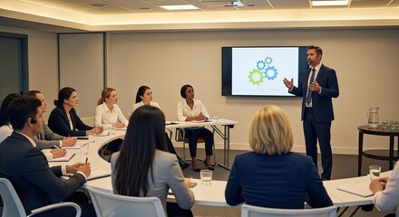 Fototapeta premium A confident man is presenting a business strategy to a group of diverse professionals in a modern conference room. He stands before a large screen displaying a graphic of gears.