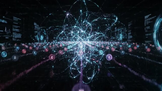 Abstract Data Flow & Computation A dynamic, flowing visualization of abstract data movement through a quantum system, represented by intricate patterns of light, evolving geometric shapes, and rapid