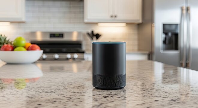 A black Echo smart speaker sits on a gray granite countertop in a modern kitchen. A bowl of colorful fruits, including green apples, is placed in the background.