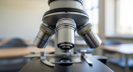 Fototapeta premium Close-up of a Microscope with Three Lenses, Symbolizing Scientific Exploration in a Classroom Setting