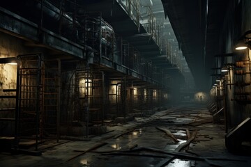 Fototapeta premium Derelict factory interior showcasing a dark, atmospheric, and dystopian environment