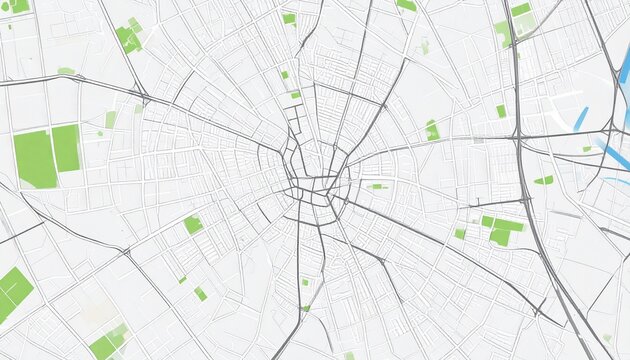 Detailed City Map View with Roads and Green Spaces.