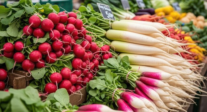 A vibrant market stall overflows with fresh radishes and turnips. The radishes are a bright, intense red, while the turnips are a creamy white.