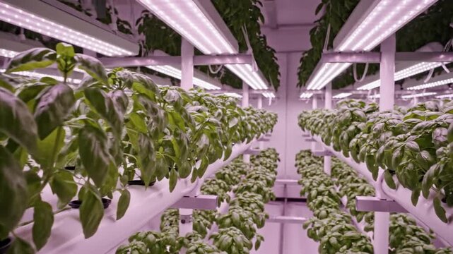 Rows of fresh green basil plants growing in a modern vertical hydroponic farm under bright LED