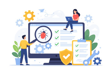 Software testing and debugging process with people analyzing bugs on a computer screen