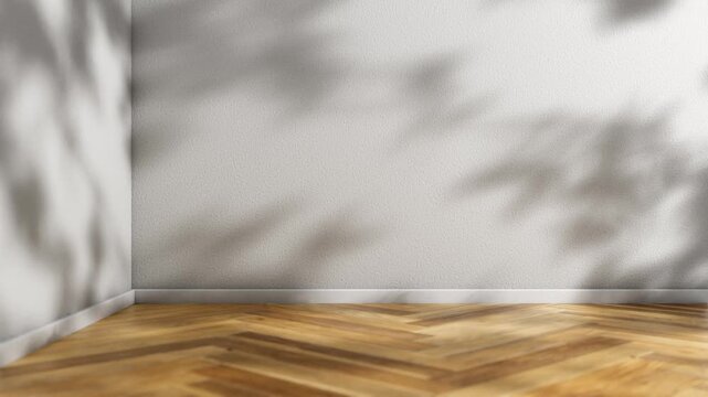 Empty room corner with wooden floor and shadows on the wall.