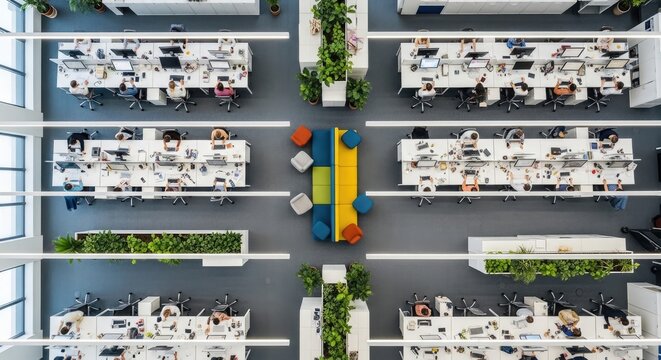 Aerial View of Modern Open-Plan Office Space with Desks and Greenery.