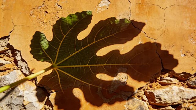 Green fig leaf and its shadow gently moving on a cracked, weathered ochre wall in bright sunlight