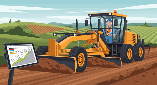 Yellow Motor Grader Machine with Digital Display Screen.