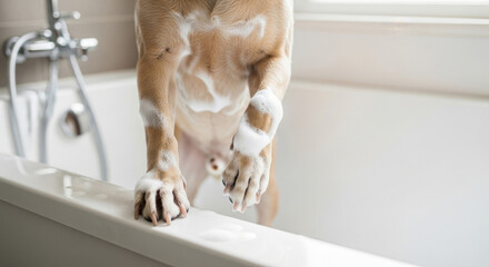 Playful Dog, Mid-bath, with Bubbles on Its Paws, Showcasing a Fun and Lively Bath Time Moment