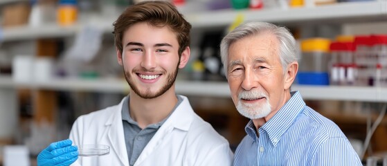 Fototapeta premium Two scientists hold a petri dish with blue microbe while another scientist observes in the background in a laboratory setting
