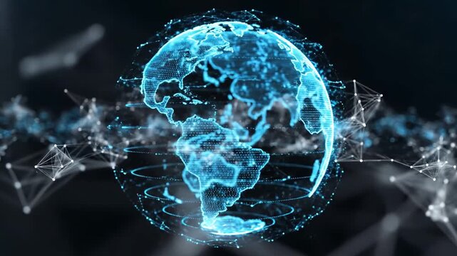 Futuristic glowing blue digital earth hologram with interconnected network lines and nodes representing global data and technology connections on a dark background.