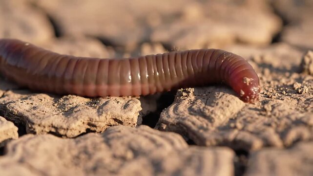 Extreme CloseUp Macro Shot of an Earthworms Segmented Body Crawling on Dry Cracked Earth Surface in Natural Sunlight.