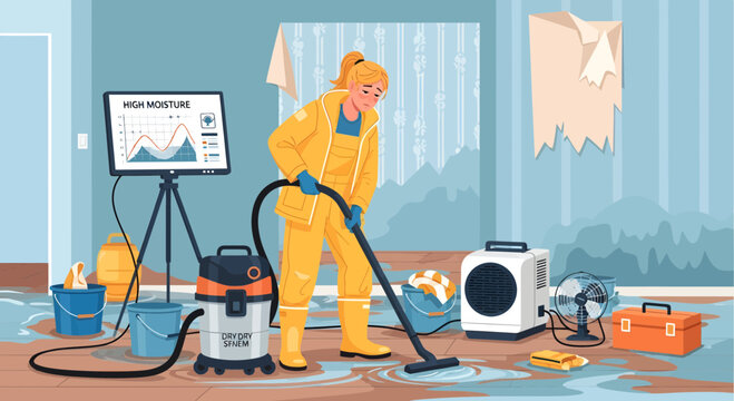 Woman in protective suit cleaning flood water with vacuum.