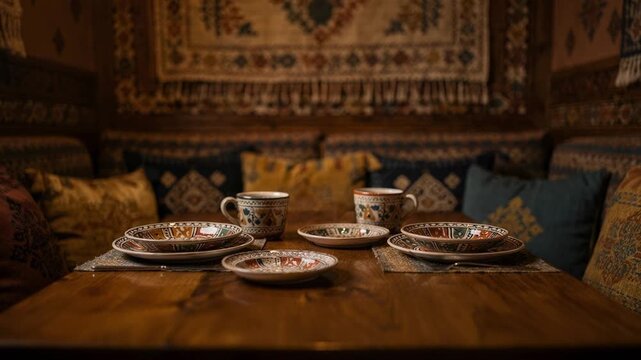 Booth seating in a themed ethnic dining room captured in medium shot emphasizing ceramic dishware with intricate designs and softly blurred woven wall hangings around the space.