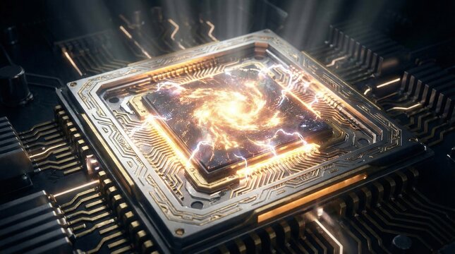 High-performance microprocessor with glowing circuitry and motherboard.