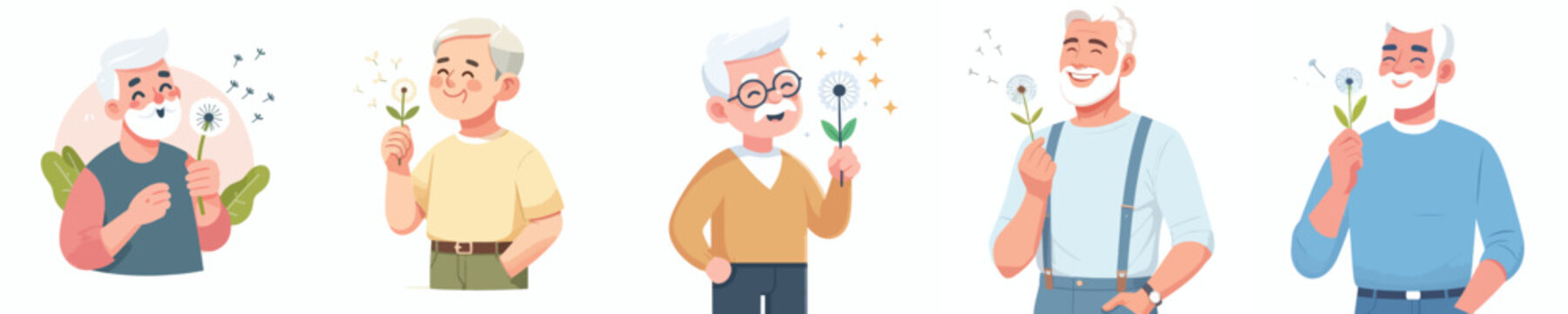 half body vector of a grandpa blowing dandelion flowers in spring