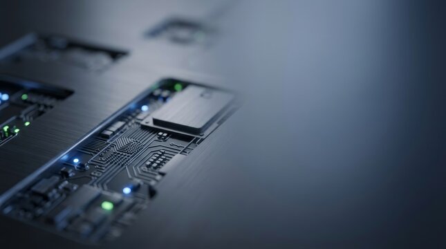 Close-up of a computer motherboard with illuminated components and circuitry.