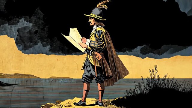 Historical Figure Explorer: Vintage Illustration of 18th Century Adventure Art in Nautical Costume with Scenic Map Reading and Dramatic Sky