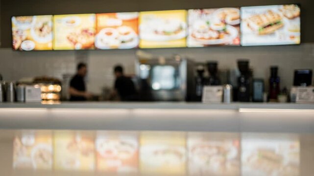 Medium shot of quickservice restaurant front counter featuring vibrant breakfast menu boards with focused guest view and blurred staff area in background.