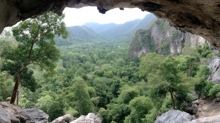 Rock formations create a narrow passage with trees and open space visible at the end