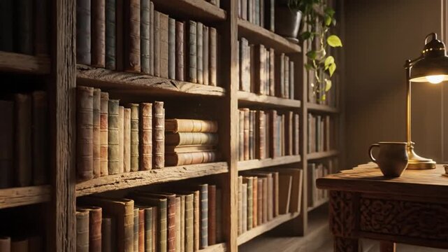 Organized bookshelf with aged leather-bound books in a softly lit home office